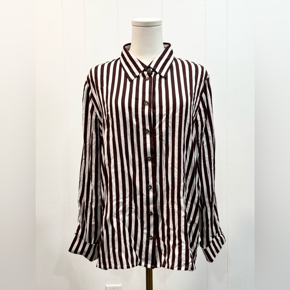Jen’s Pirate Booty Brown French Striped Button Down Shirt Large